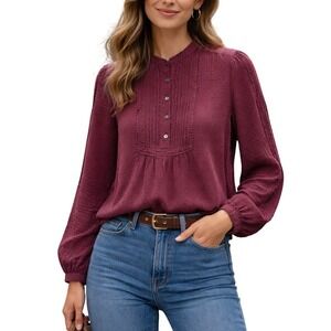 Madewell Boho Burgundy Swiss Dot Lace Trim Pintuck Retro Blouse S S Wine Red Top